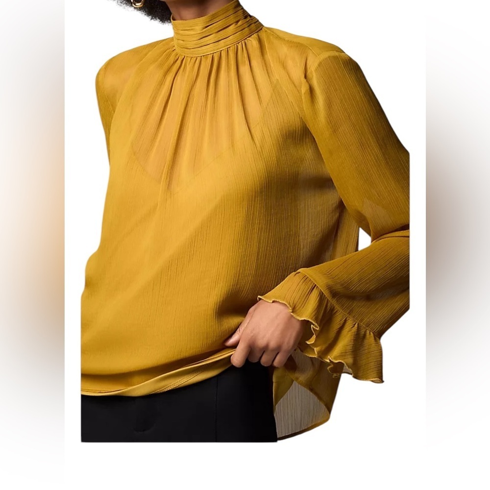 Anthropologie Women's Long-Sleeve High-Neck Sheer Blouse Mustard Sz. XL NWT